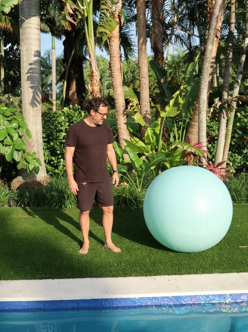 A man in a dark brown t-shirt and shorts stands on artificial grass next to a large, light blue exercise ball in a tropical backyard setting with palm trees and a swimming pool.