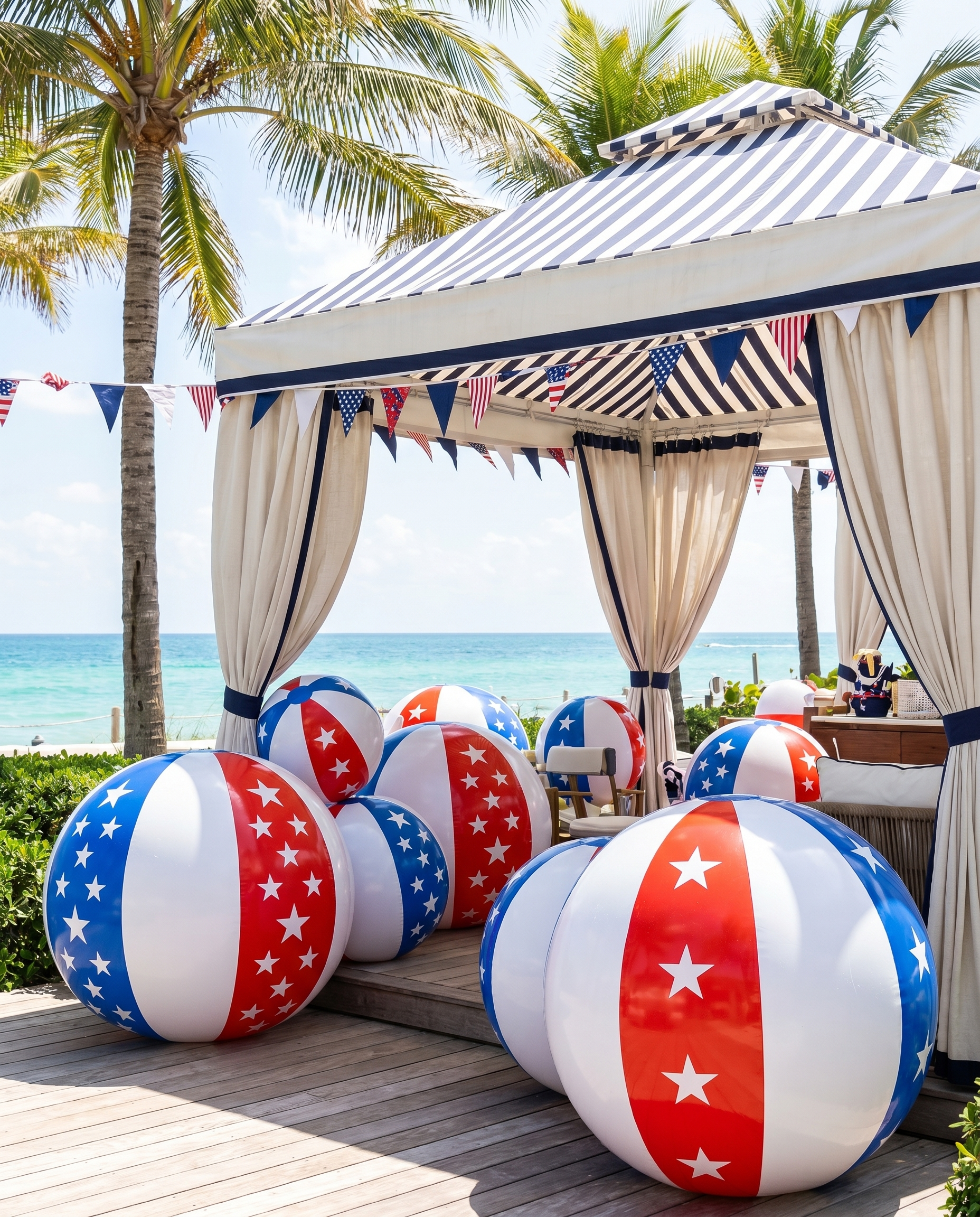 Inflatable beach balls with American flag design on a wooden deck by the ocean.