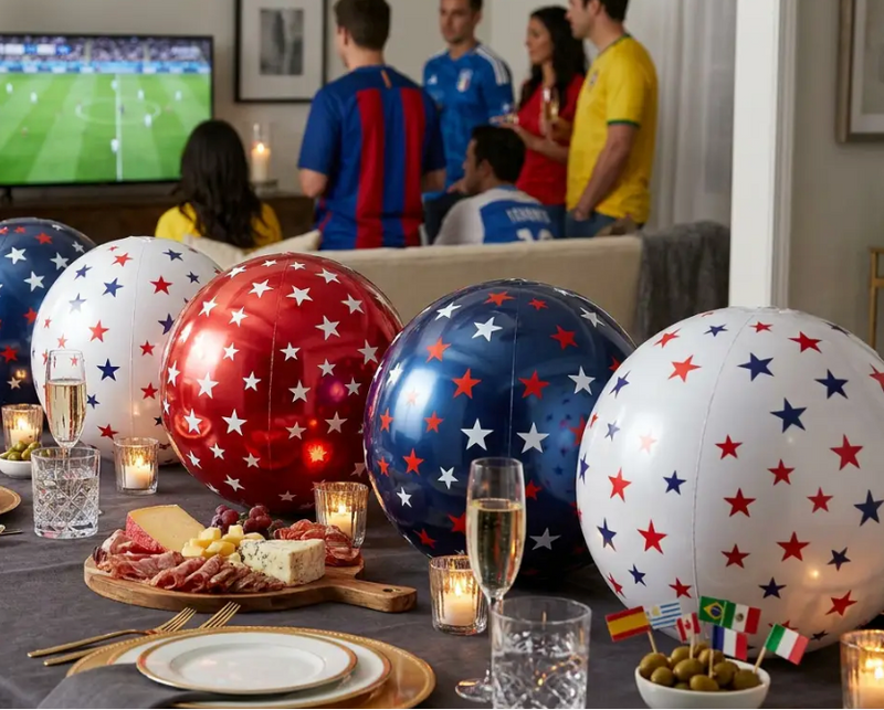 People watching a soccer match on TV with balloons and a table set for a celebration.